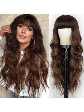 Women's Fashion Brown Soft Long Natural Looking Wavy Curly Wig with Bangs
